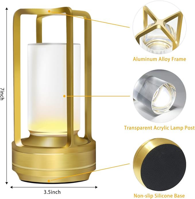Portable Cordless Table Lamp, 4000mAh Lumisom Klarako Crystal Lantern, Rechargeable Metal Table Lamp, 3 Colors Stepless Dimming Touch, Table Light for Restaurant/Bedroom/Bars/Outdoor Party/Camping