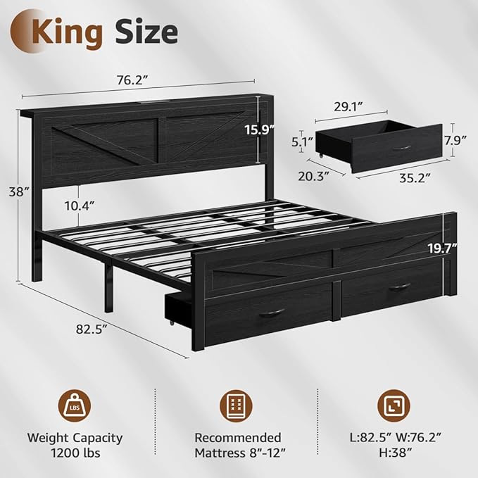 Rustic King Size Bed Frame with Storage Drawers and Barn Door Headboard, Farmhouse LED King Bed Frame with Charging Station, Metal Industrial Platform Bed Frames, No Box Spring Needed, Black