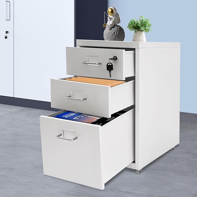 3 Drawer Rolling File Cabinet with Lock, 11 x 16 x 18.3in Filing Cabinet with Wheels, Wood Under Desk Office Storage Cabinet fits A4, Letter Sized Documents for Home Office (White)