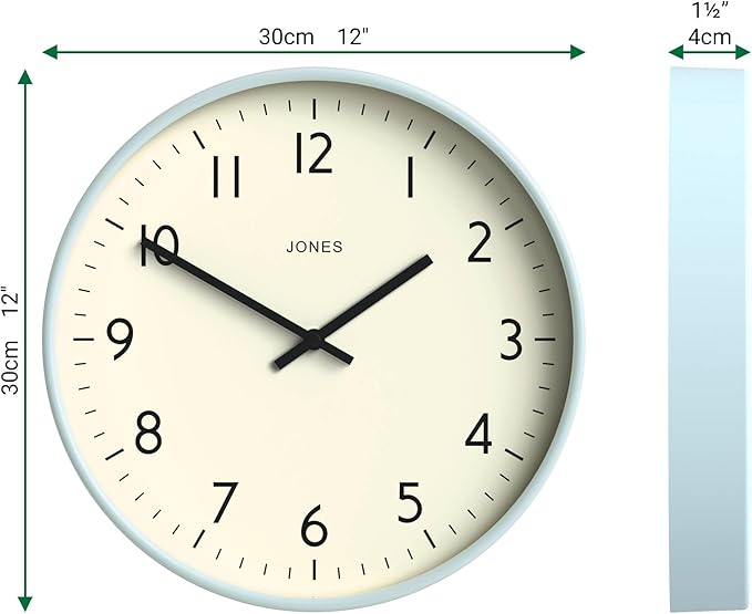 JONES CLOCKS® Studio Wall Clock | Modern Round Clock | 12 inch | Pale Blue | Easy to Read Numbers | Versatile Design for Kitchen, Living Room or Office