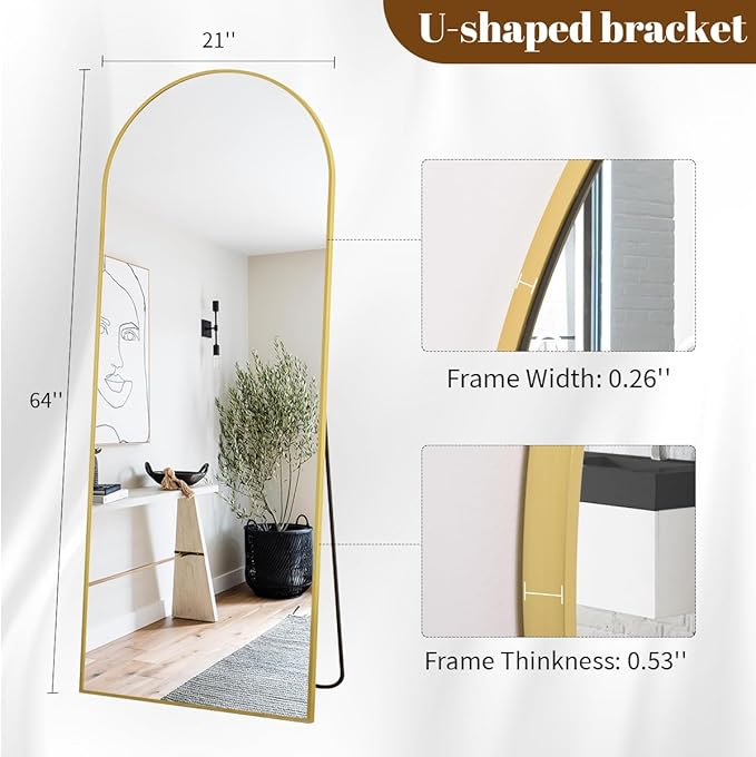 Koonmi Full Length Mirror, 64"x21" Arched Gold Mirror Full Length, Standing Hanging or Leaning Full Body Mirror with Aluminum Alloy Frame for Living Room and Bedroom