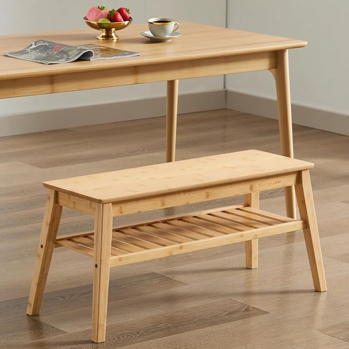 Nnewvante 33.46" Bamboo Entryway Bench, 2 Tier Indoor Storage Bench, Wood Bench for Living Room, Dining Room, Bedroom, Hallway, Holds up to 300lbs