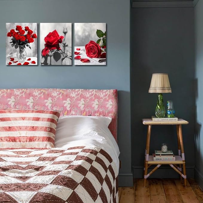 Arjun Rose Wall Art Flower Red Floral Painting Modern Elegant Bloosom Modern Pictures Framed for Living Room Bedroom Bathroom Dinning Room Kitchen Home Office Wall Decor, 12"x16"x3 Panels