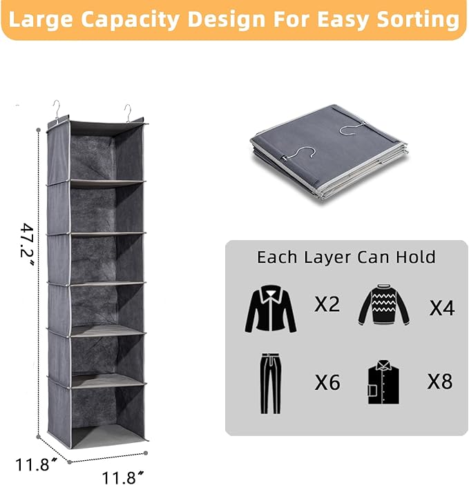 2 Packs Hanging Closet Organizer, 6-Shelf Closet Organizers and Storage with Side Pockets, Collapsible Hanging Shelves for Closet & RV & College Dorm,Grey