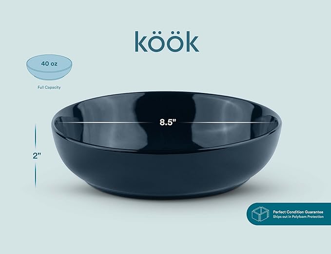 KooK Pasta Bowl, Salad Bowls, Soup, Serving Bowls, Ceramic, Large Capacity, Microwave & Dishwasher Safe, Set of 4, 40 Oz,(Navy Blue)