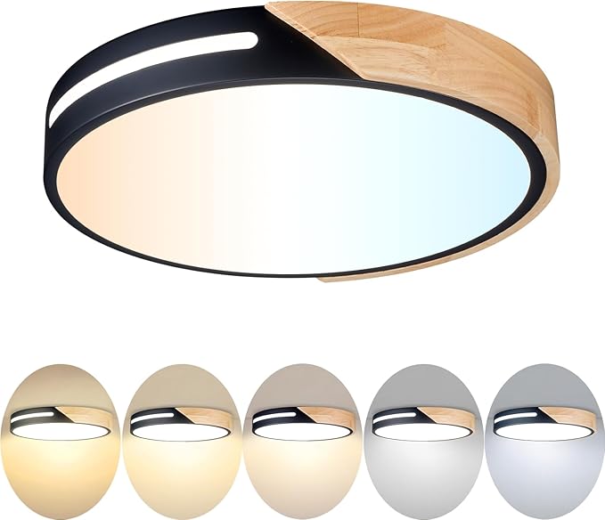 Black and Wood Flush Mount Ceiling Light Fixture 12 inch, Dimmable LED Flush Mount Black, Modern Light Fixture Ceiling Mount for Bedroom, Living Room, Kitchen, Bathroom, Hallway