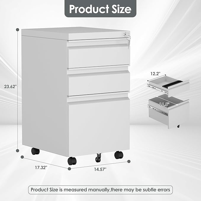 3 Drawer Mobile File Cabinet with Lock, Under Desk Metal Filing Cabinet for Office,Home,A4/Legal/Letter Size, Fully Assembled (White)