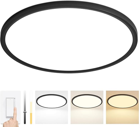24 Inch Dimmable LED Ceiling Light Fixture, Ultra Thin Flush Mount, 48W 4800Lumen, 3 Color Changeable, Round, Black, for Dining Room, Living Room, Bedroom, Office, Hotel