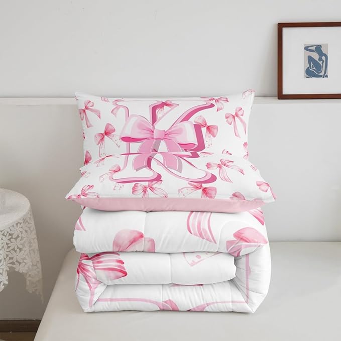 jejeloiu Kids Girls Cute Pink Bow Comforter Set King Size Monogrammed Bedding Set Ultra Soft Personalized Initial K Duvet Quilt Coquette Bow Knot Quilt Set Room Decor Modern Fashion Comforter