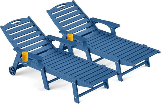 Outdoor Chaise Lounge Chair Set of 2, Patio Lounge Chairs for Outside, HDPE Lounge Chair with Wheels & Cup Holder, Poly Chair with 5 Position for Poolside, Deck, Navy Blue