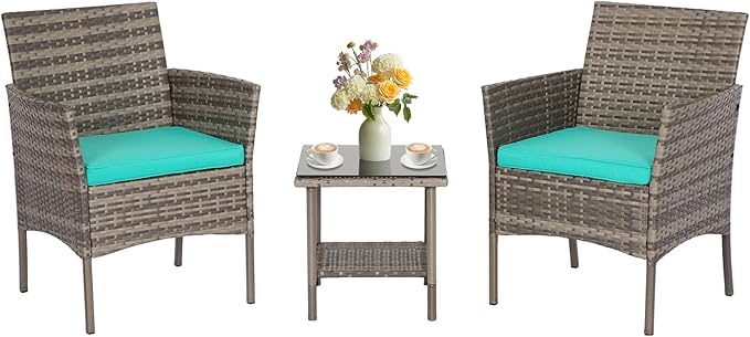 FDW 3 Piece Outdoor Furniture Set Patio Gray Wicker Chairs Furniture Bistro Conversation Set 2 Rattan Chairs with Blue Cushions and Glass Coffee Table for Porch Lawn Garden Balcony Backyard