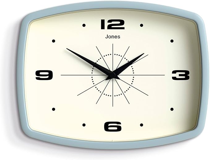 JONES CLOCKS® Movie Wall Clock | Rectangular Retro Clock | 10 inch | Pale Blue | Cool mid-Century Designer Look for Kitchen, Living Room or Office