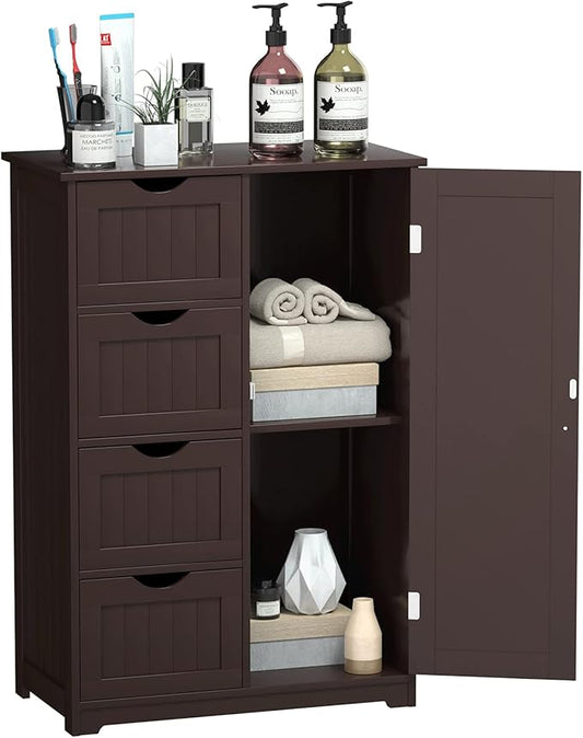 GLACER Bathroom Floor Cabinet, Multifunctional Storage Cabinet with 4 Drawers and 1 Door, Wooden Side Storage Organizer for Bathroom, Living Room or Kitchen, 22 x 12 x 32 inches (Brown)