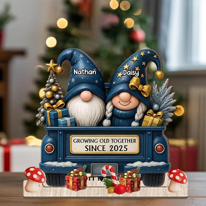 Growing Old Together Christmas Decor, Personalized Gnome Couple Wooden Plaque, Holiday Truck Sign Gift for Parents or Grandparents, Romantic Wooden Keepsake for Couples, Winter Home Decoration