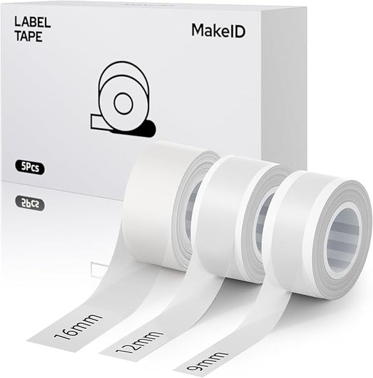 MakeID E1 Q1 Label Maker Tape Refills, 3-Roll 9/12/16mm Continuous Consumables Thermal Laminated Office Labeling Tape Replacement