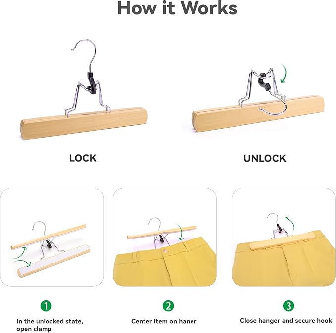 Nature Smile Wooden Pants Skirt Hangers, Smooth Finish Solid Wood Non Slip Jeans Slack Clamp Hangers Hair Extension Hangers (10 Pack Natural)…