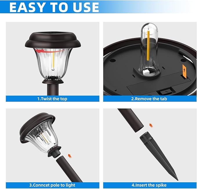 DERAYSION Solar Lights Outdoor 6 Pack, Stainless Steel Glass Solar Pathway Lights, Auto On/Off Long-Lasting Waterproof Landscape Lighting for Garden, Landscape, Path, Yard, Warkway (Warm White)