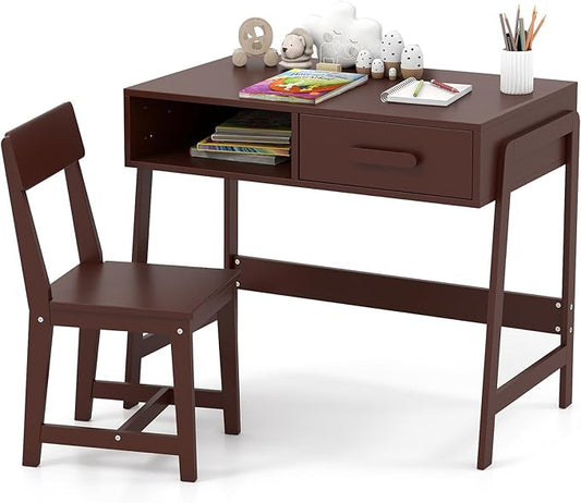 HONEY JOY Kids Desk and Chair Set, Wooden Children School Study Table and Chair w/Storage Drawer & Hutch, Student Writing Desk Computer Workstation for Bedroom, Gift for 3+ Years Old (Brown)