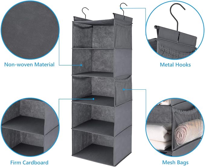 MAX Houser 5 Shelf Hanging Closet Organizer, Space Saver, Cloth Hanging Shelves with 4 Side Pockets, Foldable, Grey