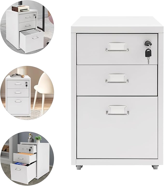 3 Drawer Rolling File Cabinet with Lock, 11 x 16 x 18.3in Filing Cabinet with Wheels, Wood Under Desk Office Storage Cabinet fits A4, Letter Sized Documents for Home Office (White)