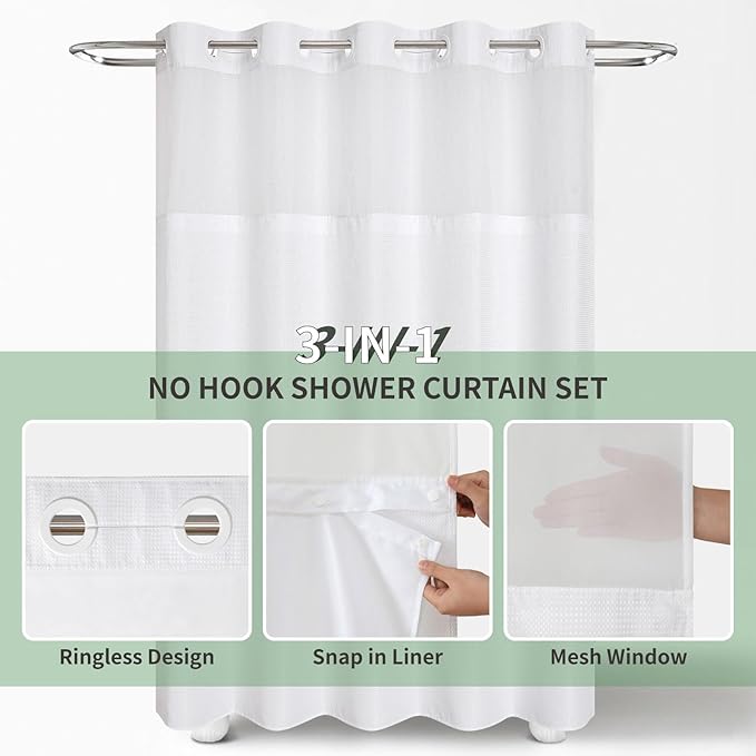 No Hook Waffle Weave Shower Curtain with Snap-in Fabric Liner Set,White Shower Curtains for Bathroom with See Through Top Window,Water Repellent & Washable,71Wx74H