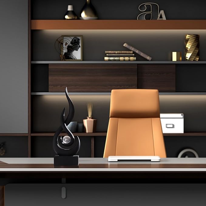 AWNR Abstract Black Sculpture: Flame Statue with Glass Ball Resin Art Figurines - Unique Centerpiece for Modern Home Decor