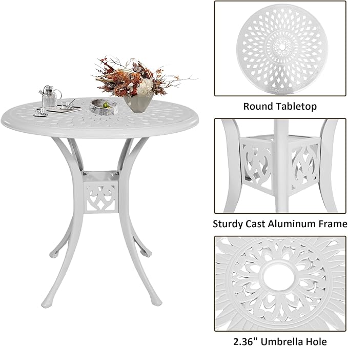 30.31" Outdoor Table and Chairs, Patio Table Set with 2.36" Umbrella Hole, Anti-Resistant Outdoor Dinning Set, Cast Aluminum Patio Furniture Set for Garden, Porch, Deck