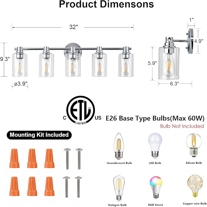 Bathroom Light Fixtures Wall Sconce Light with Clear Glass Chrome 5 Lights Bathroom Lighting Over Mirror Vanity Lights for Living Room,Bedroom,Restroom,Hallway E26 Base
