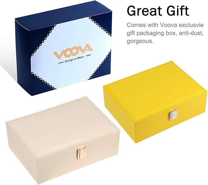 Voova Jewelry Box Organizer for Women Girls, 2 Layer Large Men Jewelry Storage Case, PU Leather Display Jewellery Holder with Removable Tray for Necklace Earrings Rings Bracelets, Vintage Gift,Apricot