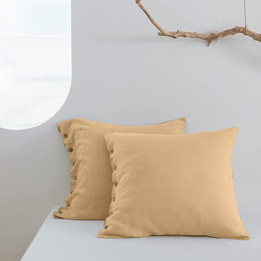 Simple&Opulence 100% Washed Linen Euro Sham Cover, 26 x 26 Inch, Decorative Bed Pillow Cover with Coconut Button, Solid Color Pillow Shams Set of 2 (Sand)