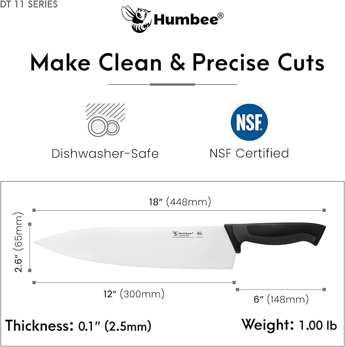 12 Inch Professional Chef Knife with Ergonomic Handle – NSF Certified Stainless Steel Kitchen Knife, Serrated Wave Teeth, Durable and Sharp Blade, DT 11 Series, Black