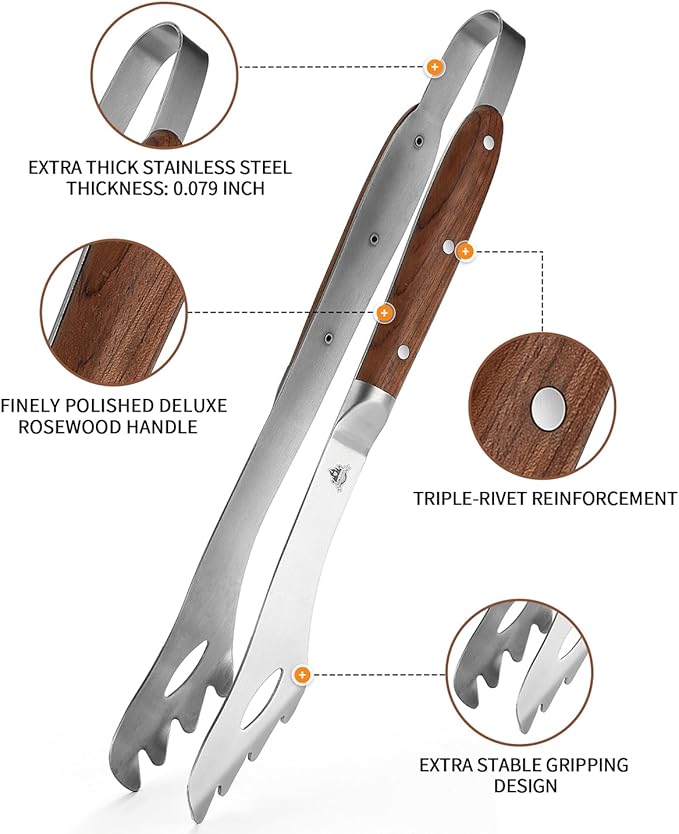 GRILLGEN Heavy Duty Rosewood Handle BBQ Grill Tongs, 16.73" Long Premium BBQ Grill Tongs for Outdoor Grilling, Essential Accessory for Barbecue & Grill, Best Grilling Gift