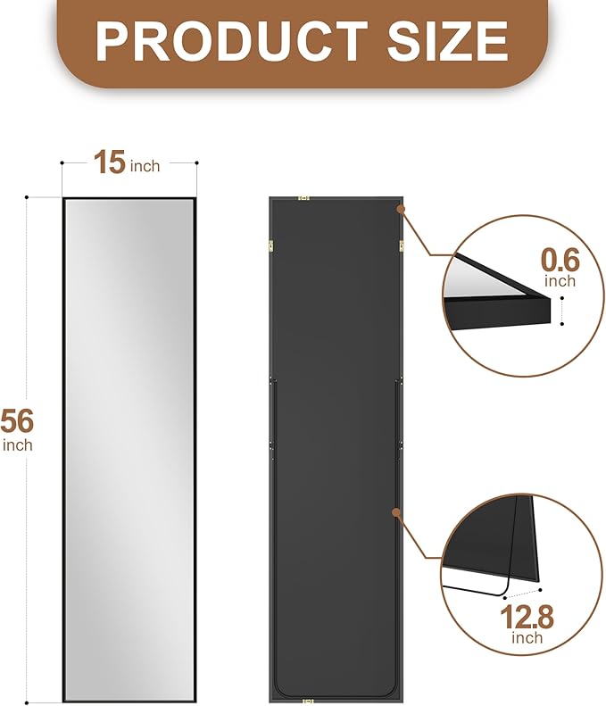 Delma Wall Full Length Mirror,Standing Mirror Full Body,Large Floor for Wall Door Bedroom Bathroom Living Room with Aluminium Frame(with Stand,56x15-Black)