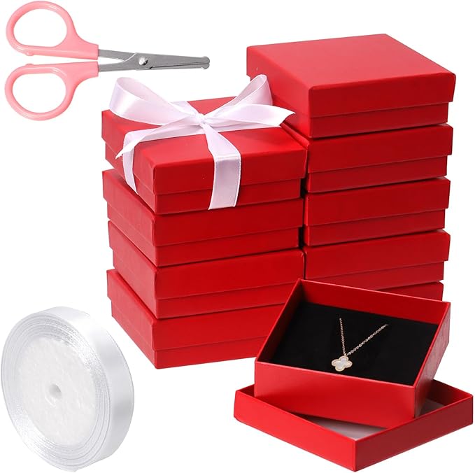 Tanstic 12Pcs Cardboard Jewelry Gift Boxes Kit, 3.5 x 3.5 x 1.2 Inch Red Gift Boxes Cardboard Jewelry Boxes with 74ft White Ribbon and Scissor for Rings, Necklaces, Earrings, Bracelets
