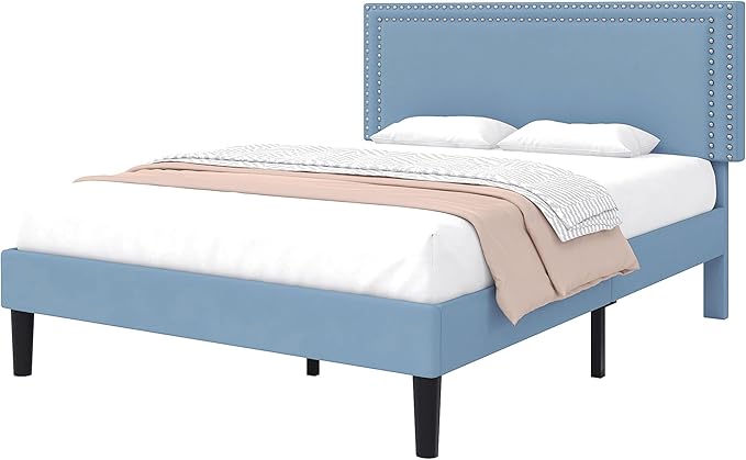 VECELO Full Size Bed Frame with Adjustable Upholstered Headboard, Wooden Slats Platform, Noise-Free Design, No Box Spring Needed, Easy Assembly