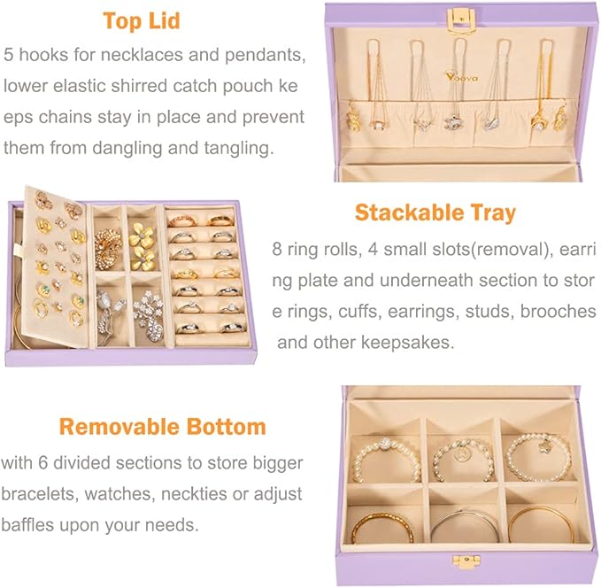 Voova Jewelry Box Organizer for Women Girls, 2 Layer Large Men Jewelry Storage Case, PU Leather Display Jewellery Holder with Removable Tray for Necklace Earrings Rings Bracelets,Vintage Gift,Lavender