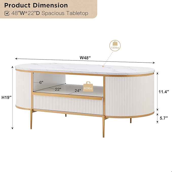 OKD Modern Luxury Fluted Coffee Table, 48" Oval Coffee Table with Drawer, Faux Marble Top, Curved Profile Design, Gold Metal Decor, Center Table for Living Room, Off White