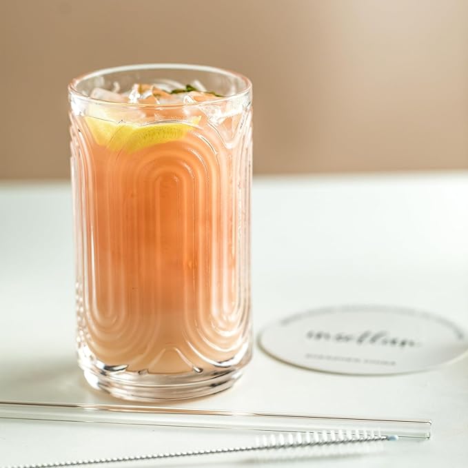 INSETLAN Vintage Art Deco Glassware | Glass Cups Set of 4 | 14 Oz Thick Bottom Cocktail Glasses, Highball Glass Fabulous Box, Embossed Ripple Glassware, for Water, Wine, Juice, Mixed Drinkware