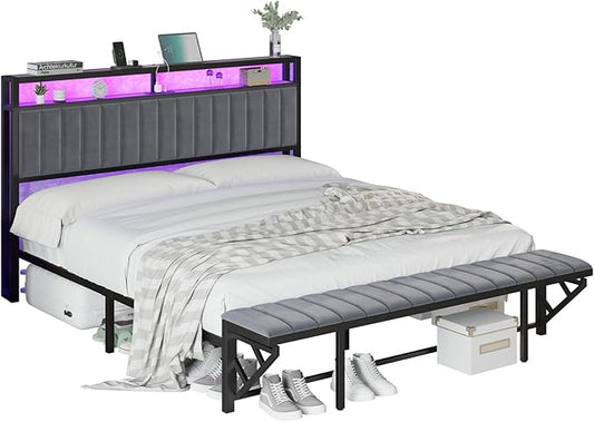 King Bed Frame with LED Light and Charging Station, Velvet Upholstered Headboard with Storage Shelf, Heavy Duty Metal Slats/No Box Spring Needed/Easy Assembly, Grey