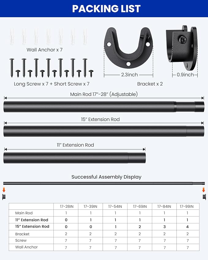 Closet Rods for Hanging Clothes, 17 to 69 Inches Stepless Adjustable Metal Closet Rod, 1.3 Inches Heavy Duty Clothes Hanging Rod for Closet Wardrobes Laundry RV