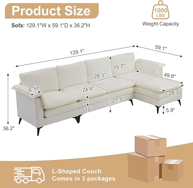VINGLI 129” Oversized L-Shaped Cloud Sectional Sofa,Memory Foam Couch with Reversible Chaise Lounge,Comfy Couch with Double-Layer Deep Seat Cushions,Modern Sofa for Living Room,Chenille,Creamy White