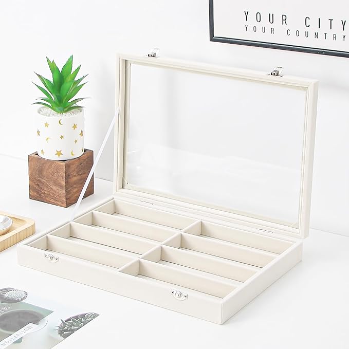 Coward Sunglass Organizer Tray Box, Beige Velvet Grids Eyeglasses Display Tray Case with Transparent Glass Lid for Home Use or Store Shop Selling Show