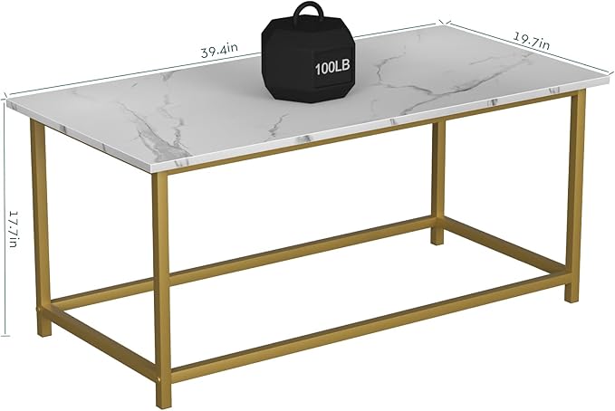 SAYGOER White Faux Marble Coffee Table Simple Modern Rectangular Coffee Tables Open Design Minimalist Center Table for Living Room Office, 39.37 x 19.69 x 17.72, White Gold
