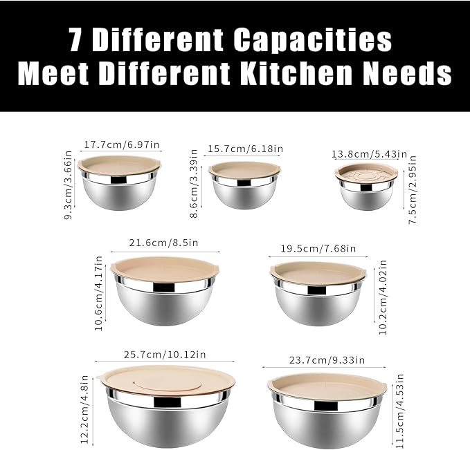 Lazycorner Stainless Steel Mixing Bowls with Airtight Lids Set of 7 Stainless Steel Bowls Set with 3 Grater Attachments Great for Serving & Baking