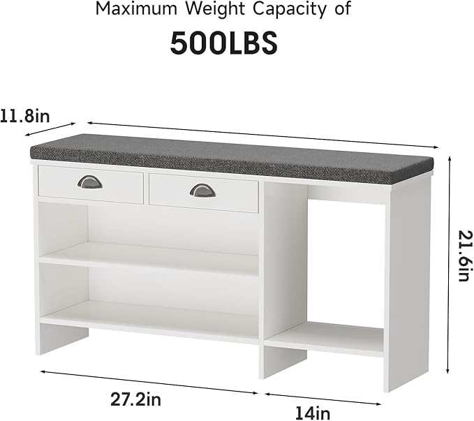 Maupvit Shoe Storage Bench with Cushion, Shoe Bench with Padded Seat, Entryway Storage Bench with Drawer, 2 Compartments, Wood Shoe Rack for Bedroom, Closet, Living Room, Hallway (White)