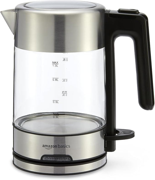 Amazon Basics Electric Kettle with Glass Carafe for Tea and Coffee, BPA-Free, Fast Boiling, Auto Shut-Off, 1.1 Quarts, 1500W, Glass and Steel