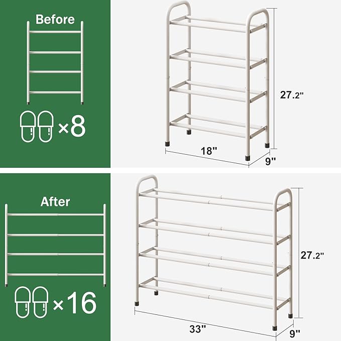 Expandable Shoe Rack, 4-Tier Expandable Metal Shoe Rack,Shoe Shelf for Closet, Entryway & Hallway