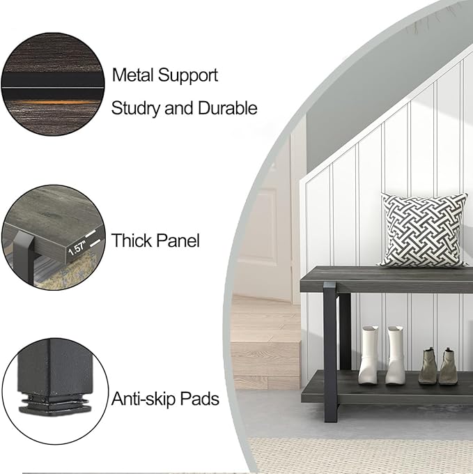 EXCEFUR Industrial Entryway Bench with Storage, Rustic Wood and Metal Shoe Rack Bench Seat, 47 Inch Grey