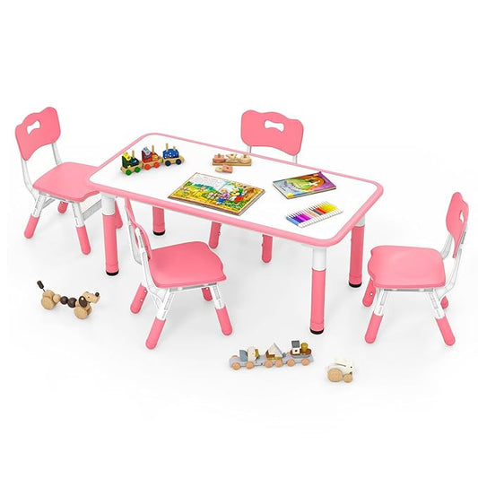 INFANS Kids Table and Chiar Set, Height Adjustable Toddler Desk and 4 Chairs with Graffiti Desktop Non-Slip Legs, Large 47" L x 23.5" W Multi-Activity Art Table for Daycare Classroom Home (Pink)