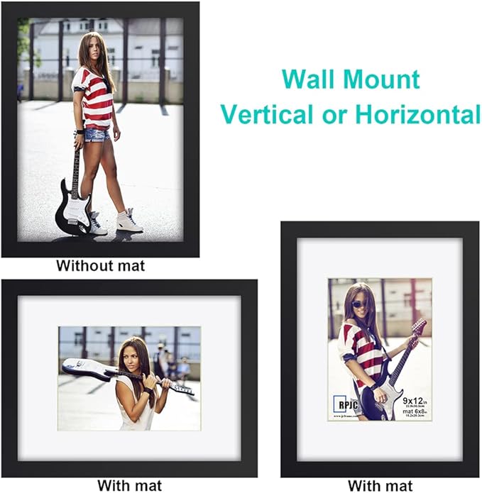 RPJC 9 x 12 Picture Frames Made of Solid Wood and High Definition Glass Display Pictures 6x8 with Mat or 9x12 Without Mat for Wall Mounting Photo Frame Black